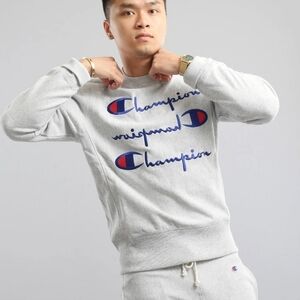 Champion Reverse Weave Mens Large Sweatshirt Warm up Jumper‎ Gray 3 Logo